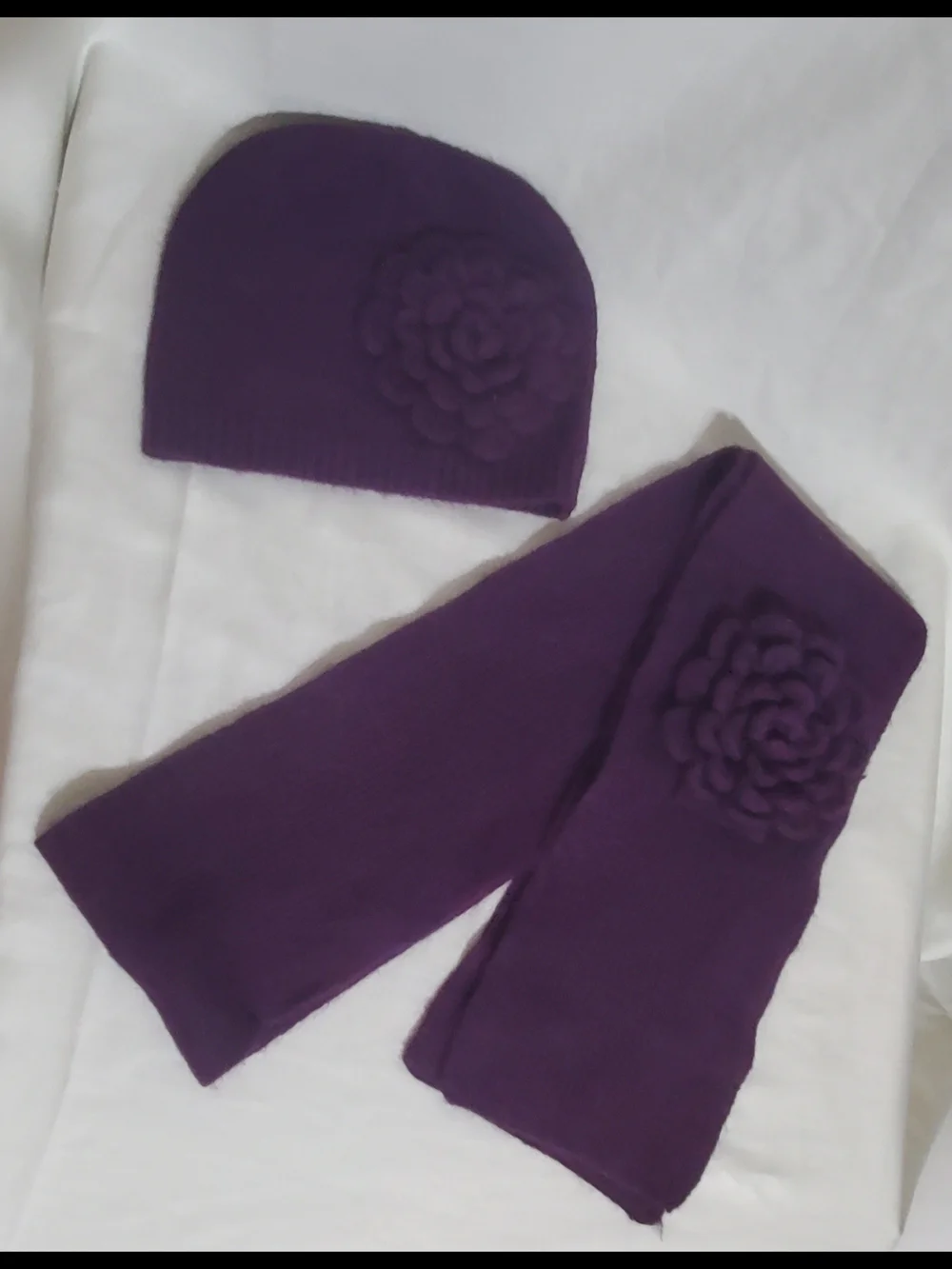 Purple Knitted Flower Beanie and Scarf Set